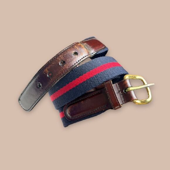 Vintage 90s Canvas Leather Belt Mens 38 Blue Red Made in USA Golf Preppy Casual - Picture 1 of 4